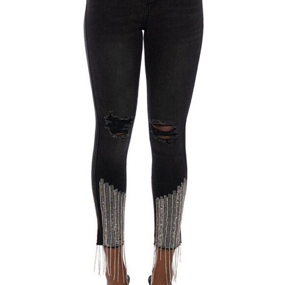 Akira NWT Black Wash Rhinestone Fringe Distressed High Rise Jeans Women’s Size 9 - Picture 8 of 8